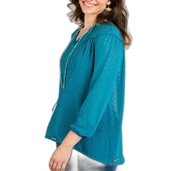 MATILDA JANE Tunic, L, Teal, Swiss Dots, Eyelet Yoke, Long sleeves, Tie neck - Picture 14 of 15